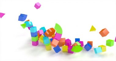 Destruction of a toy building made of colored cubes.