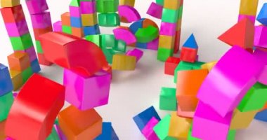 Destruction of a toy building made of colored cubes.