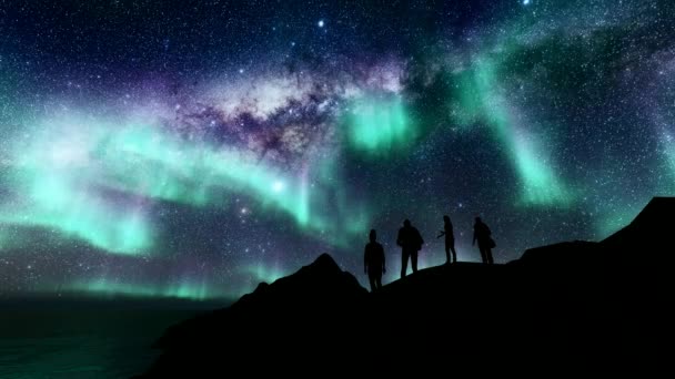 Frau Mann Mädchen Junge. Natur im Freien. Reisehintergrund. Nordlichter. Liebes-Hintergrund. Nordstraße. Romantische Paarsilhouette. Nachtlandschaft. — Stockvideo