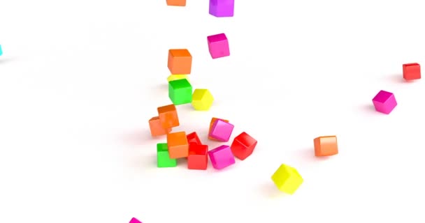 3D farbige Würfel, die für die Gestaltung des Spielhintergrundes herunterfallen. Spielkonzept. Spielillustration. Geometrischer Hintergrund. Roter abstrakter Hintergrund. Bunter Würfel. Gestaltungselement. — Stockvideo