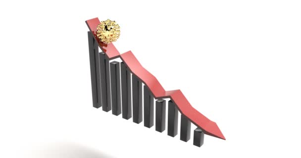 Guldinfluensapartiklar faller på rött diagram. Ett utbrott av Coronavirus. Lagerillustration. Att förlora pengar. — Stockvideo