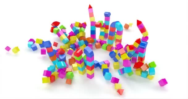 Ciudad de juguete cubos de colores en estilo 3d sobre fondo rojo. Azul, verde, amarillo. Fondo de la ciudad . — Vídeo de stock