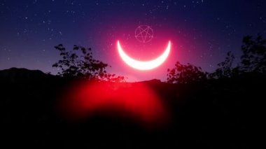 The occult sign of Satan against the background of stars and a spooky dark forest.