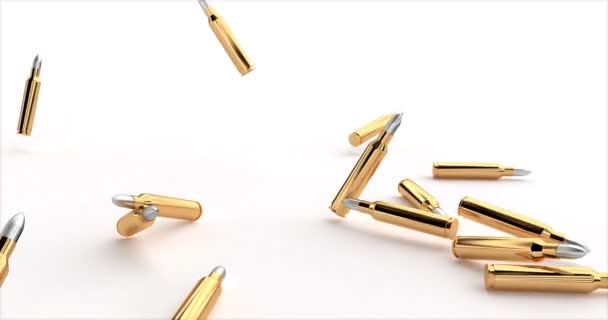 Bullets fall in a pile.. 3d shot on golden backdrop. Macro shot. Military background. — Wideo stockowe