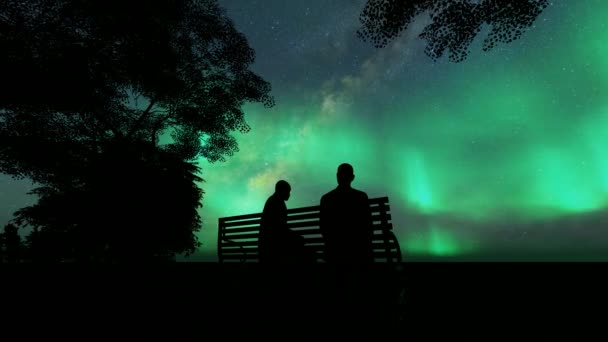 Black two men sit bench on white background. Black silhouette.Date under the northern lights — ストック動画