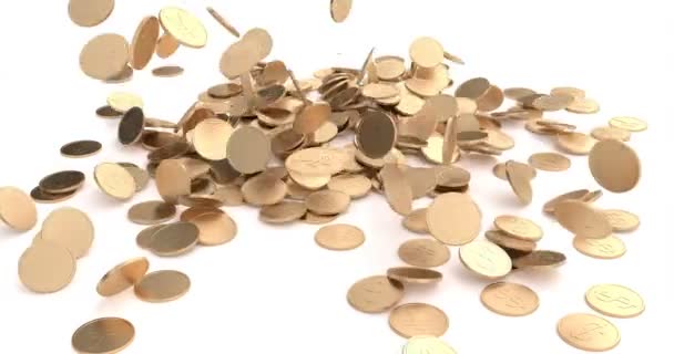 Banner 3d com moedas de ouro cair sobre fundo de ouro. Conceito de tesouro. Jackpot da fortuna do casino. Grande sinal de vitória. Conceito financeiro. Símbolo. Elemento de design. Símbolo económico . — Vídeo de Stock