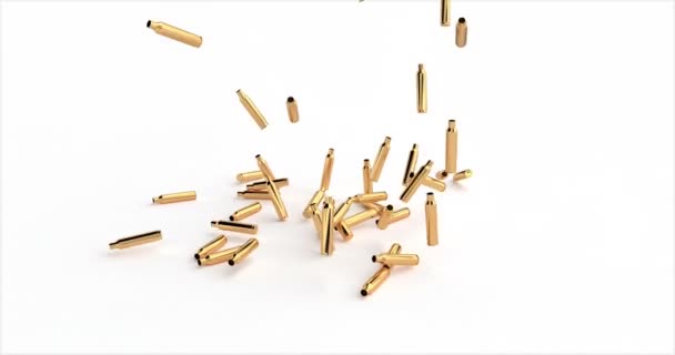 Metal sleeves from a cartridge fall in a pile on a white background. Cartridge cases rendering illustration. Closeup shot. Isolated illustration. — Stock Video