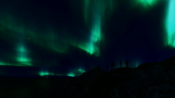 La gente silueta luces boreales. Naturaleza nórdica paisaje concepto . — Vídeos de Stock