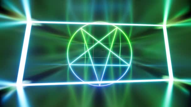 Pentagramme au néon de Satan dans un long couloir sombre .