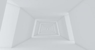 Beyaz arka planda 3 boyutlu beyaz bir tünel. Arka plan 3D. Tünel soyut. Fütürist bir kavram. Uzay tüneli. Beyaz arka plan. Modern şehir. 3 boyutlu görüntüleme. Uzun tünel.