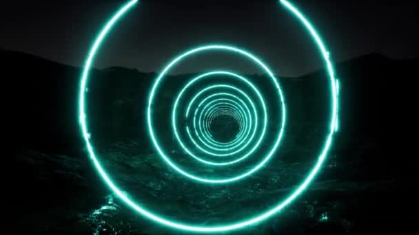 Neoncirkels tunnelregen. Futuristisch landschap — Stockvideo