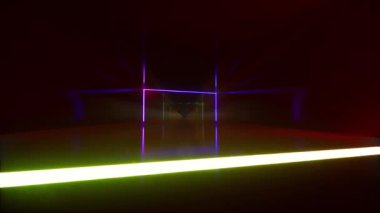 Oyun arkaplan tasarımı için neon tünel. Gösteri odası. Gelecekçi mimari geçmişi. Led neon lambası. Mavi ışınlar. Mavi parıltı.