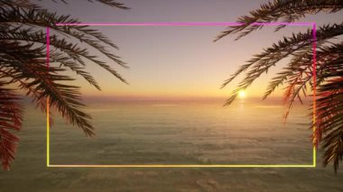 Mavi neon çerçeveli klasik broşür tasarımı. Neon tasarımı. Neon çerçeveli trendler. Palmiye yaprakları, bitkiler.