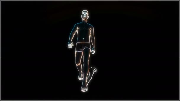 Caracter caminar en estilo de dibujos animados sobre fondo negro. Neón videojuego culturista píxel gimnasio 80s fallo — Vídeo de stock