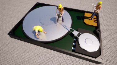 Hdd işçi. Anakart tamiri konsepti çizimi. Bilgisayar bilgisayarı. Bağlantı bilimi geçmişi. Veri deposu. Pc sembolü.