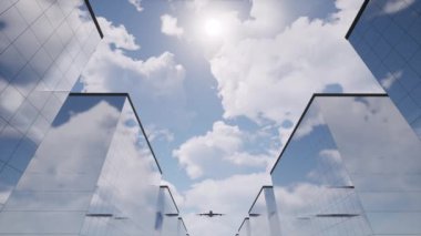 Uçaklar gökdelenlerin üzerinde hafif arka planda uçar. Seyahat afişi. Seyahat güzergahı. İş seyahati kavramı. Uçak uçuşu. Soyut geleceksel ışık arkaplanı.