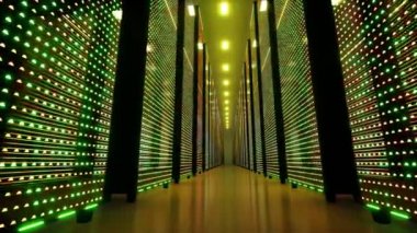 Cam panellerin arkasındaki veri sunucuları 3 boyutlu olarak veri merkezinde. Teknoloji konsepti.