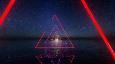 Neon ışıkları yıldızlara davetiye çıkaran soyut bir afiş. Neon ışıkları. 80 'lerin yaz partisi. İlan geleceği