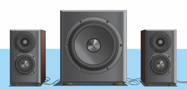 Subwoofer 'lı müzik hoparlörleri. Siyah-gri vektör, çok gürültülü.