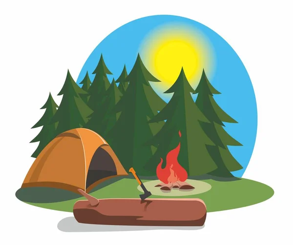 Camping Summer Camp Tourists Orange Tent Firs Pines Bright Bonfire — Stock Vector