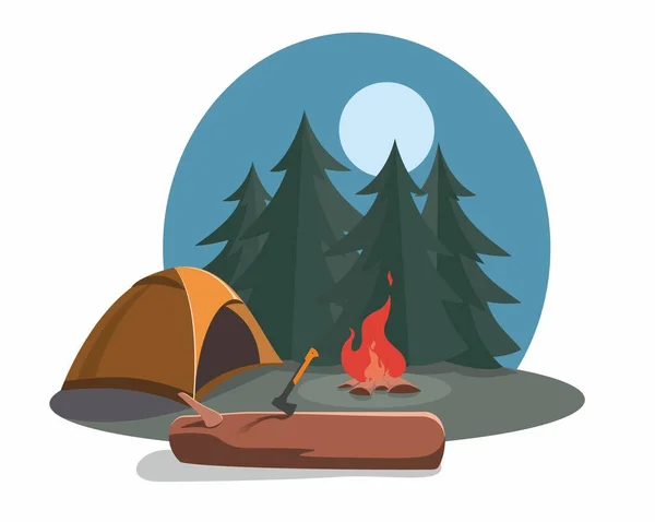 Dağlardaki Ormandaki Kamp Kampı Dolunaylı Gece Gökyüzü Çadırın Etrafında Fidan — Stok Vektör