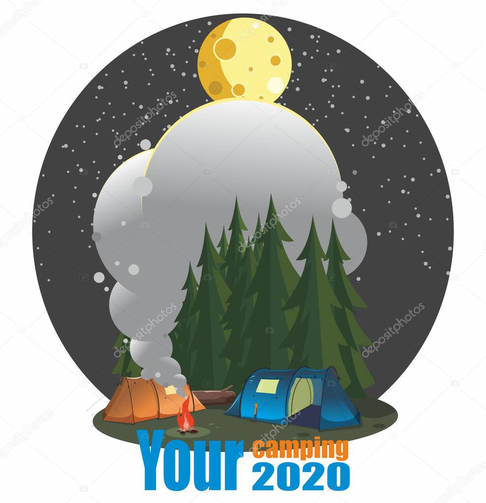 Campaign The camp stands in a clearing near the forest. A bonfire burns among the tents, pines are covered with smoke. In the sky a full vector moon