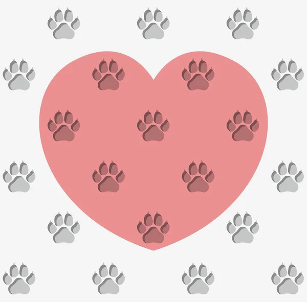 Endless Pattern Dog Paw Prints Pink Heart Background Volume Prints — Stock Vector