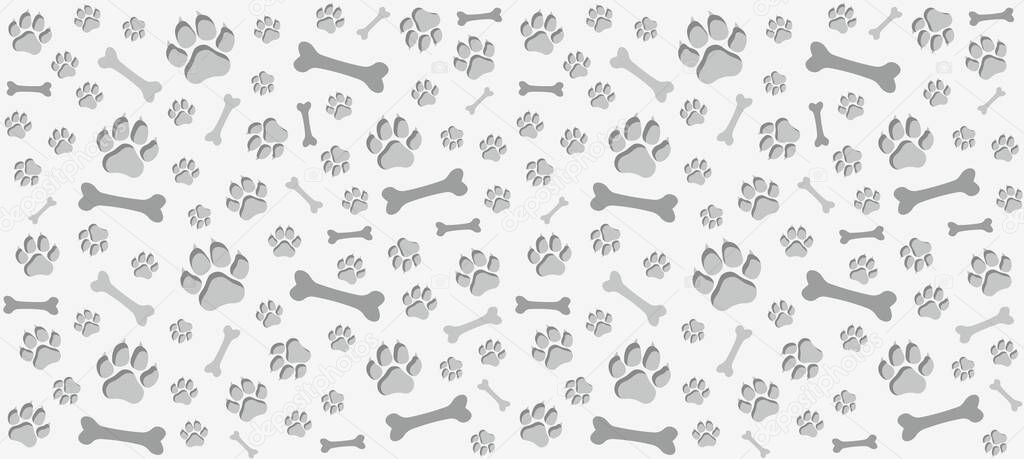 Seamless endless pattern of traces of dog paws. Dog legs and bones. Monochrome, warm in gray tones