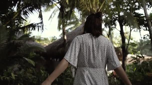 Belle Fille Marche Travers Les Plantes Tropicales Dans Jungle Femme — Video