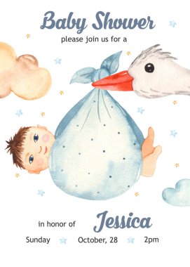 Bebek ve leylekli yeni doğan çocuk için suluboya bebek partisi