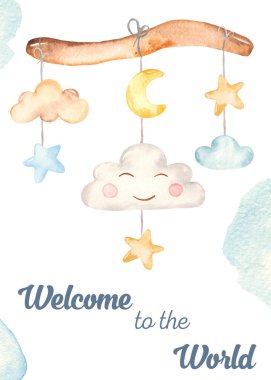 Mobil bebek, yeni doğmuş tatlı erkek bebek ile suluboya kart