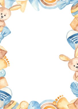 Çocuk oyuncakları, çocuk ayakkabıları, gökkuşağı, bayrakları olan bir çocuk için suluboya dikdörtgen çerçeve