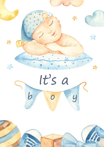 Watercolor card with toddler newborn boy sleeping on a cloud and toys — Stock Photo, Image