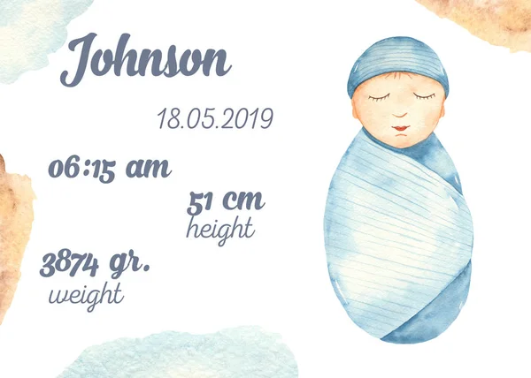 Tarjeta métrica de acuarela con lindo bebé recién nacido niño azul —  Fotos de Stock