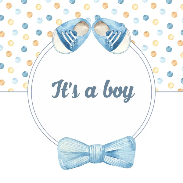 弓の蝶ネクタイと男の子のブーツとかわいい男の子のための水彩ラウンドブルーフレーム — ストック写真