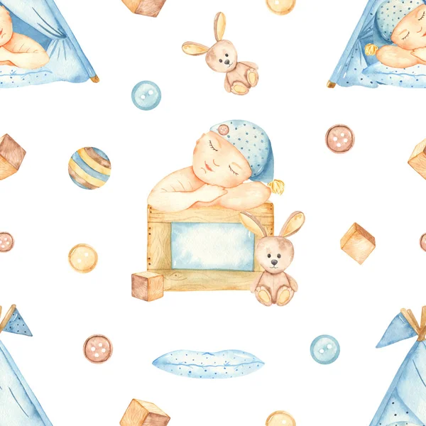 Patrón sin costura de acuarela con bebé dormido en bodegas y caja con juguetes, cubos, liebre — Foto de Stock