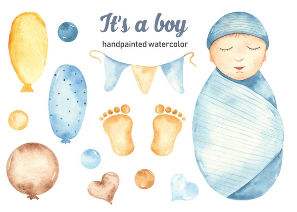 El conjunto de acuarela es un niño con un bebé recién nacido en pañales azules, huellas —  Fotos de Stock