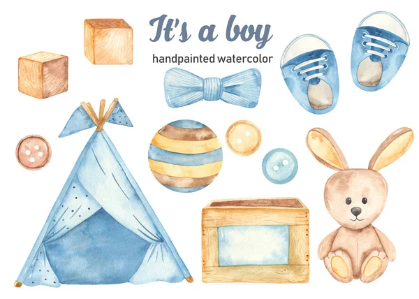 Aquarel set is een jongen met kinderspeelgoed, een bal, een haas, blokjes, kinderschoenen — Stockfoto