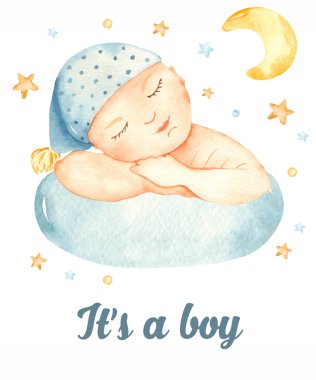 Bir bulutun üstünde uyuyan bebekle suluboya kart