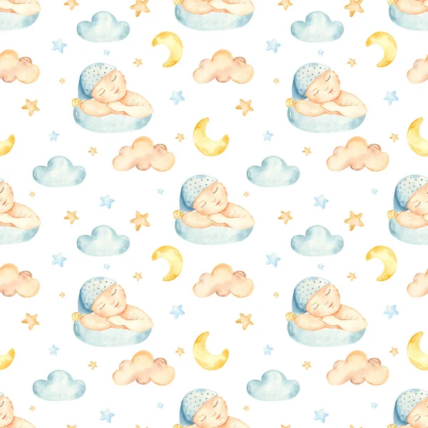 Bezszwowy wzór akwareli ze śpiącym chłopcem na chmurze z księżycem, gwiazdami, chmurami — Zdjęcie stockowe