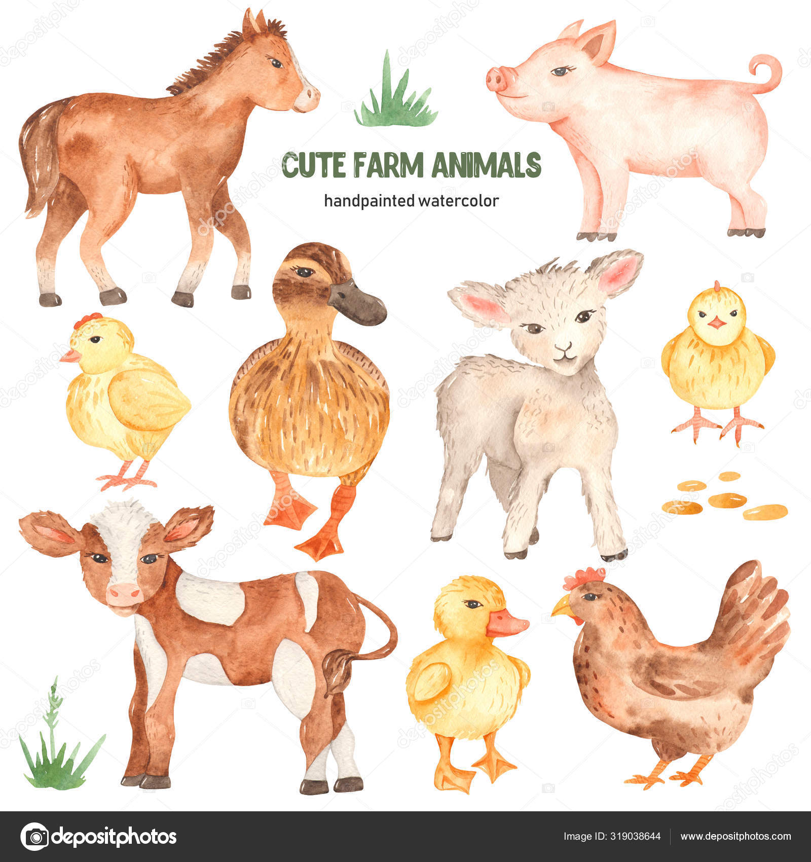 Cute farm animals horse, pig, lamb, calf, duck, duckling, watercolor chick  Stock Photo by ©MarinaErmakova 319038644