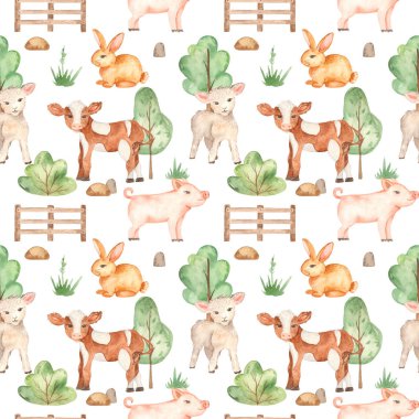 Tatlı çiftlik hayvanlarıyla suluboya desenli beyaz arka planda kuzu eti.