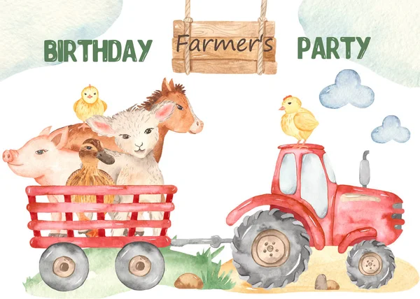 Carte aquarelle ferme mignonne avec agneau, poulets, tracteur, porc, cheval — Photo