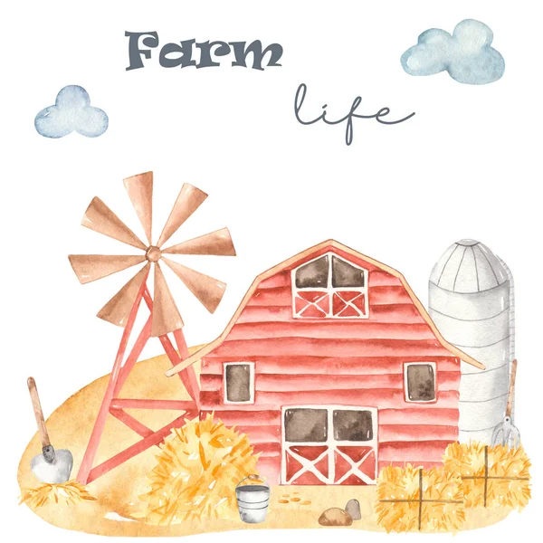 Υδατογραφία κάρτα χαριτωμένο αγρόκτημα, αχυρώνα, αντλία αέρα, σανό, φτυάρι, κουβά — Φωτογραφία Αρχείου