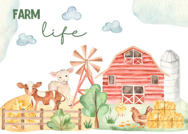 Watercolor card life of a farmer with cute horse, lamb, chicken, barn, hay