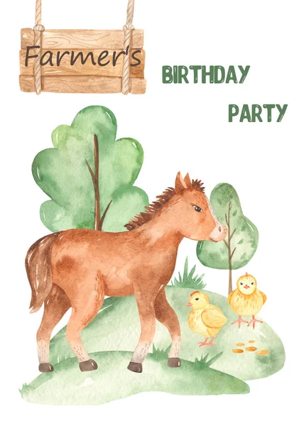 Υδατογραφία χαριτωμένο κάρτα αγρόκτημα με άλογο, κοτόπουλα, λιβάδι — Φωτογραφία Αρχείου