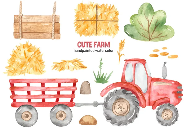 Watercolor cute farm with a red tractor with a trailer, hay, plate, bush — Stock Photo, Image