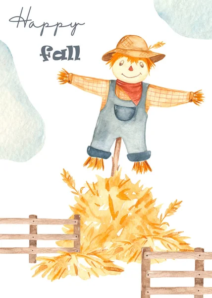 Watercolor farm card with cute scarecrow and hay — Stock Photo, Image
