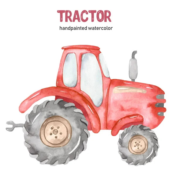 Akvarel červený traktor na bílém pozadí — Stock fotografie