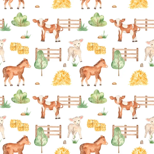 Patrón sin costura de acuarela con lindos animales de granja de dibujos animados caballo, cordero, ternera sobre un fondo blanco — Foto de Stock